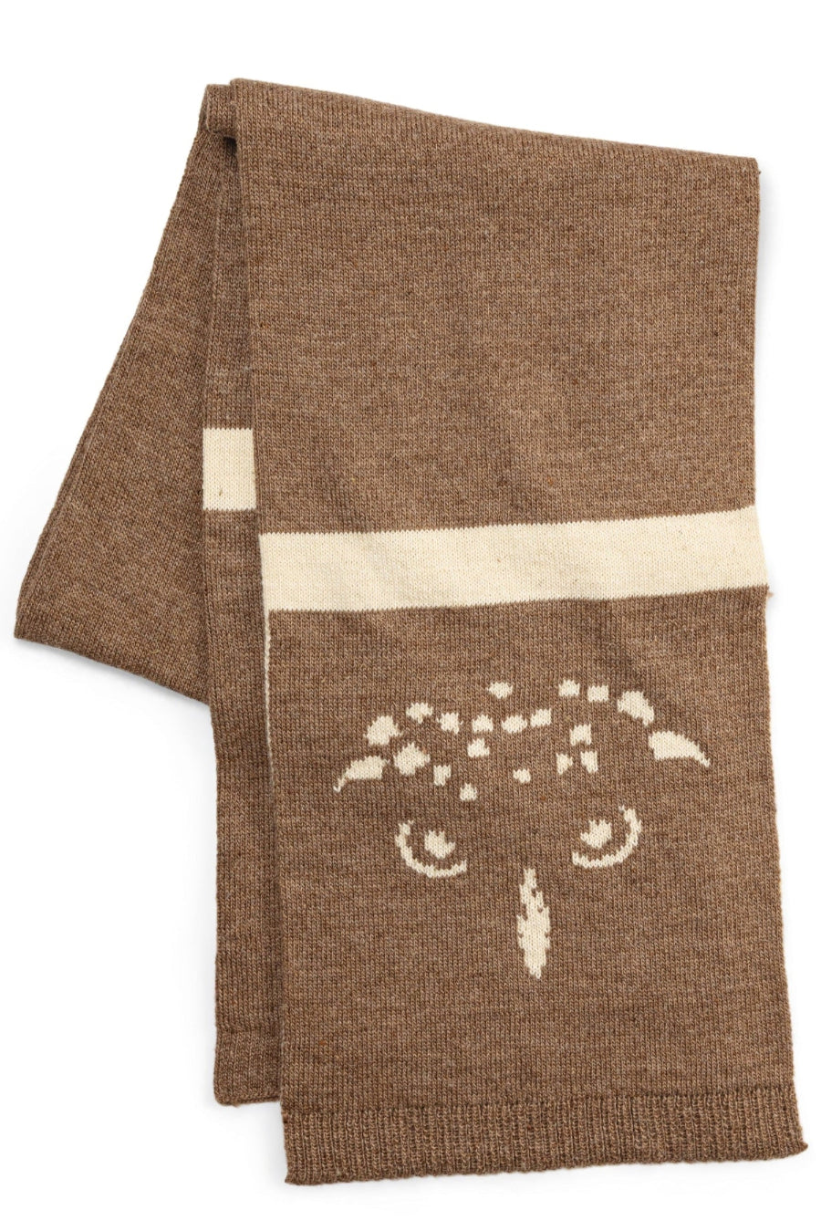Brown knitted scarf with a white owl design on a white background